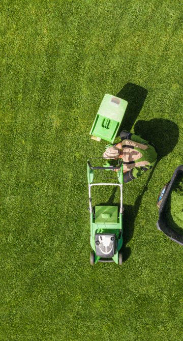 Aerial View of Backyard Garden Lawn Mowing and Weekly Maintenance. Caucasian Gardener in His 40s with Modern Mower Removing Trimmed Grass From the Field.